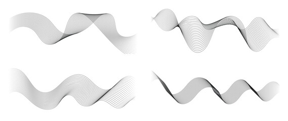 Abstract black and grey vibration wave set. Collection of sound audio wavy line, dotted halftone and waveform. Element on white background for business, science, music and technology.