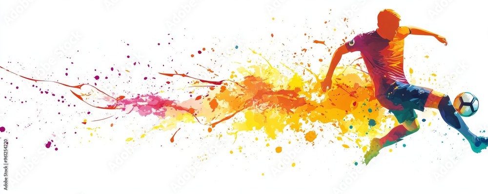 Poster dynamic soccer player in mid-action with colorful abstract background