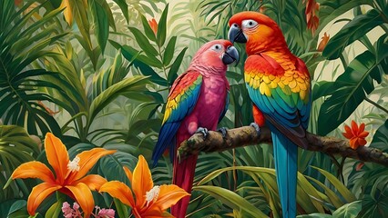 Beautiful painting of two colorful parrots covered in green forest leaves, unique birds with colorful feathers