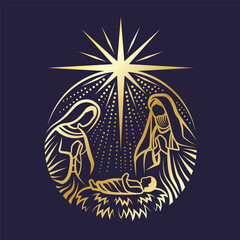 Christmas - the savior is born , Abstract gold line drawing The Nativity with mary and joseph in a manger with baby Jesus, Circle shape on dark blue background vector design