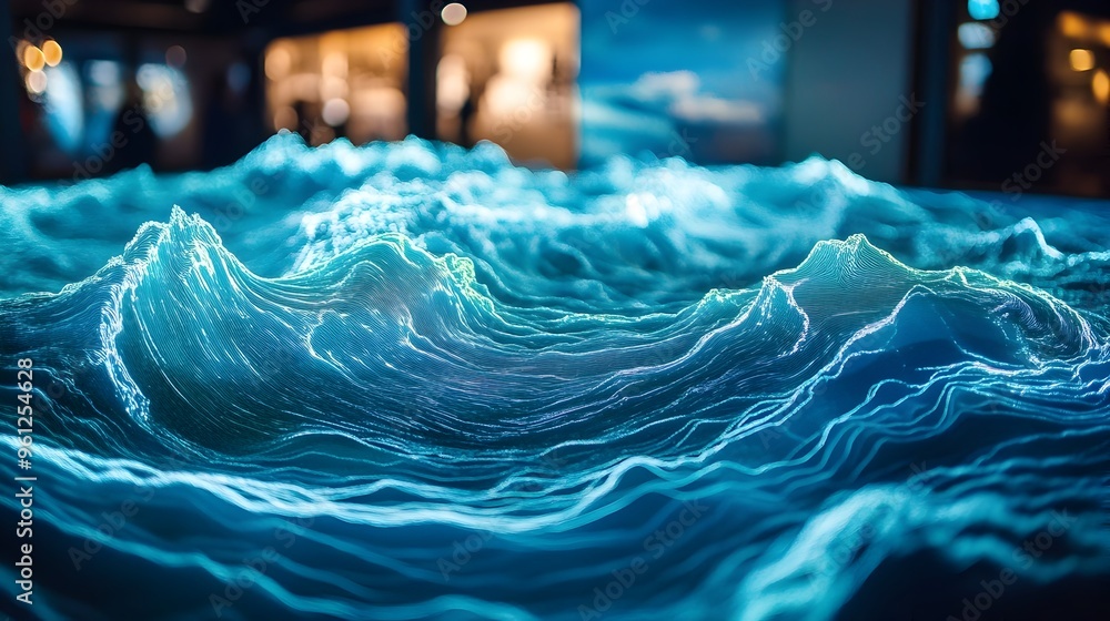 Poster holographic world map visualization depicting the intricate patterns of global ocean currents and wi