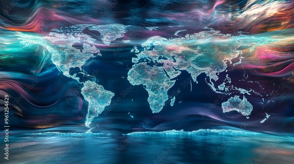 Poster holographic visualization of global ocean currents and wind patterns showcasing the interconnected s