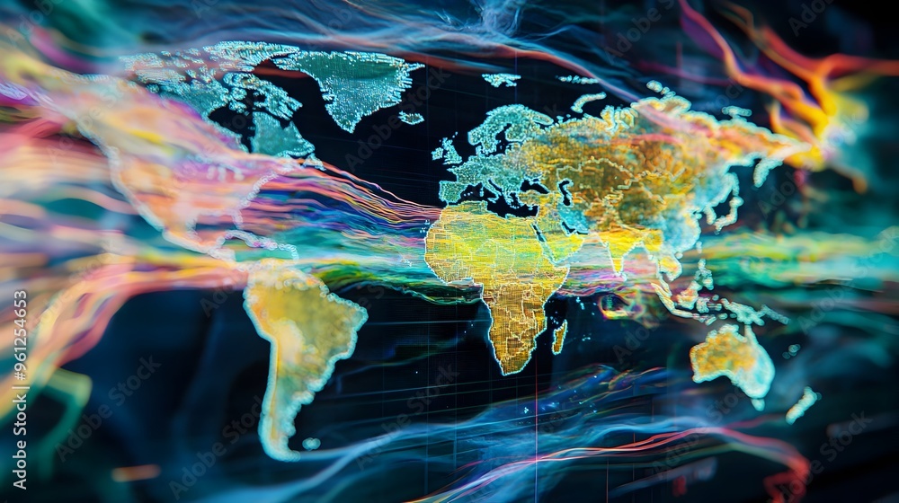 Poster holographic 3d of a world map displaying the intricate patterns of ocean currents and global wind fl
