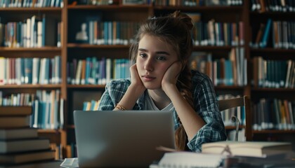 Young Student Studying in Library with Laptop, Books in Background, Thoughtful Expression