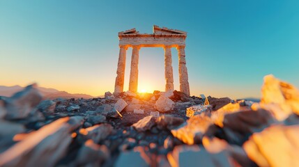Obraz premium The Acropolis in Athens seen through the ruins of an ancient temple at dusk