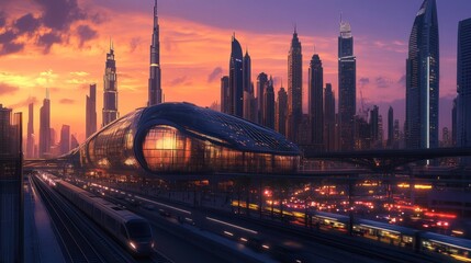 Fototapeta premium A train is traveling down a track in a city with a beautiful sunset in the background