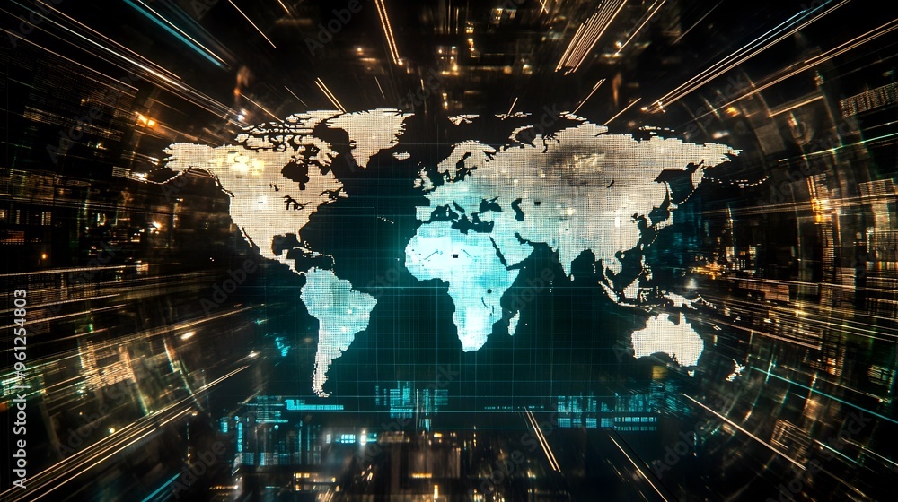 Poster holographic display of a world map with time zones indicated across all continents representing glob