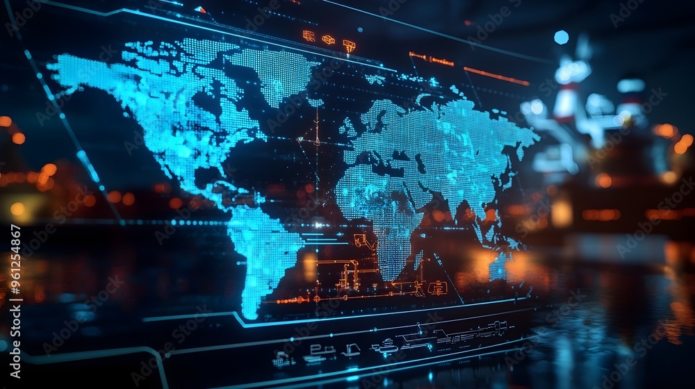Poster a digital hologram display showcasing a comprehensive world map with highlighted major trade routes 