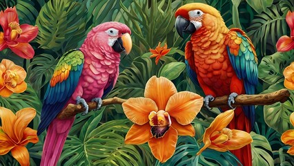 Beautiful painting of two colorful parrots covered in green forest leaves, unique birds with colorful feathers