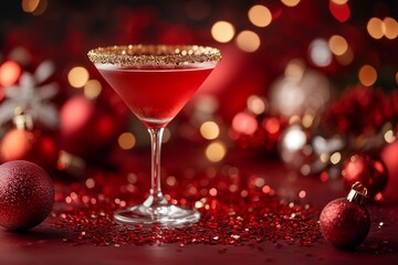 Christmas-themed cocktail with golden glitter lining the rim, traditional Christmas decorations and baubles create a cozy, celebratory atmosphere