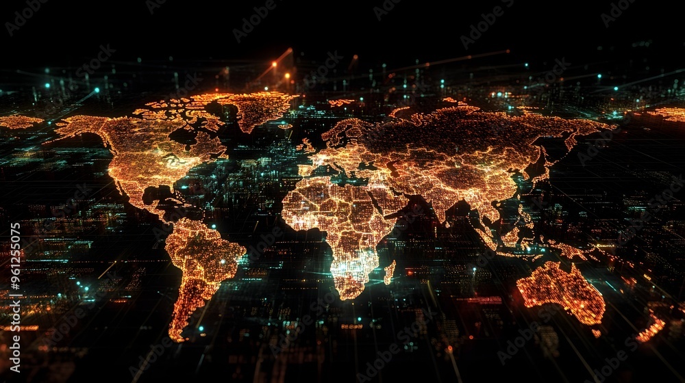 Poster a digital holographic display showing a detailed world map with population density visually represen