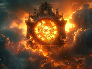 A large clock face with Roman numerals is set against a backdrop of dramatic clouds