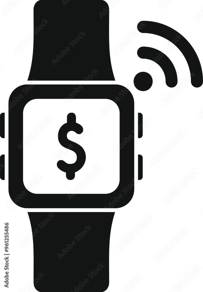 Poster black and white icon of a smartwatch displaying a dollar sign, representing contactless payment via 