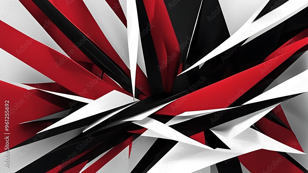 Poster an abstract digital piece with sharp, angular shapes in red, black, and white, creating a sense of t