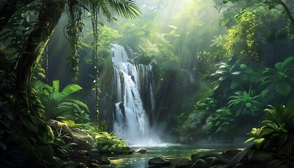 Tropical rainforest with waterfall