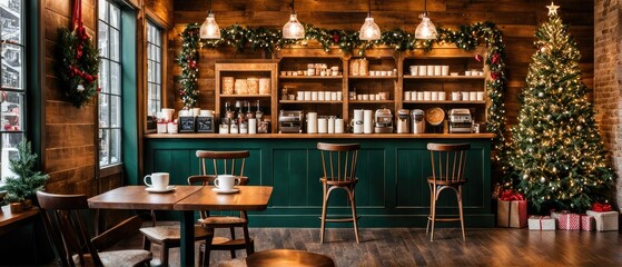 Warm and Cozy Coffee Shop Decorated for the Holiday Season with Chairs, Lights, and Christmas Tree