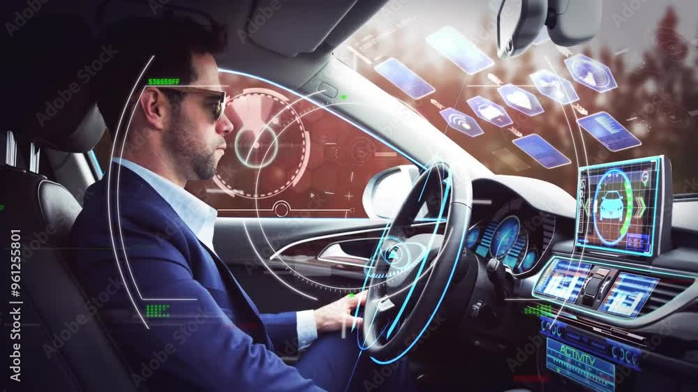 Aufkleber man driving car with futuristic digital interface animation over dashboard and windshield