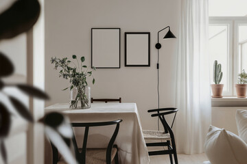 Mockup of two empty vertical din A ratio blanks in black frame. Scandinavian style white background, dinning table and chairs, plants. Mock up poster frame in minimalist dinning room, kitchen interior