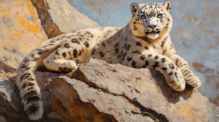 A snow leopard rests on rocky terrain. Use this image for websites, articles, and social media to illustrate wildlife, conservation, or the beauty of nature.