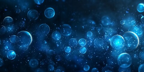 Abstract background showing glowing bubbles of various sizes floating on blue with bokeh effect