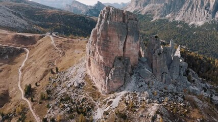 Aerial view of mountain peaks during sunrise in the Dolomites, Italy