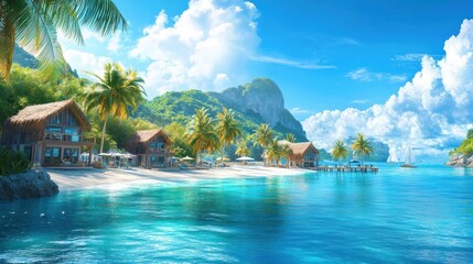 A beautiful beach with palm trees and a clear blue ocean