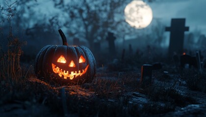Fototapeta premium Jack-O-Lanterns with Glowing Eyes on Wooden Fence in Full Moon Night