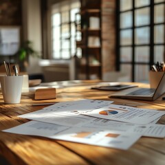 A bright workspace featuring papers and a laptop, showcasing productivity and organization in a modern office environment.