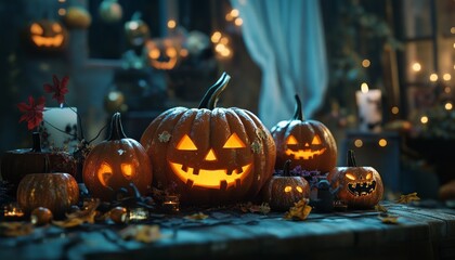 Halloween Celebration with Glowing Jack-O-Lanterns on Rustic Porch at Night