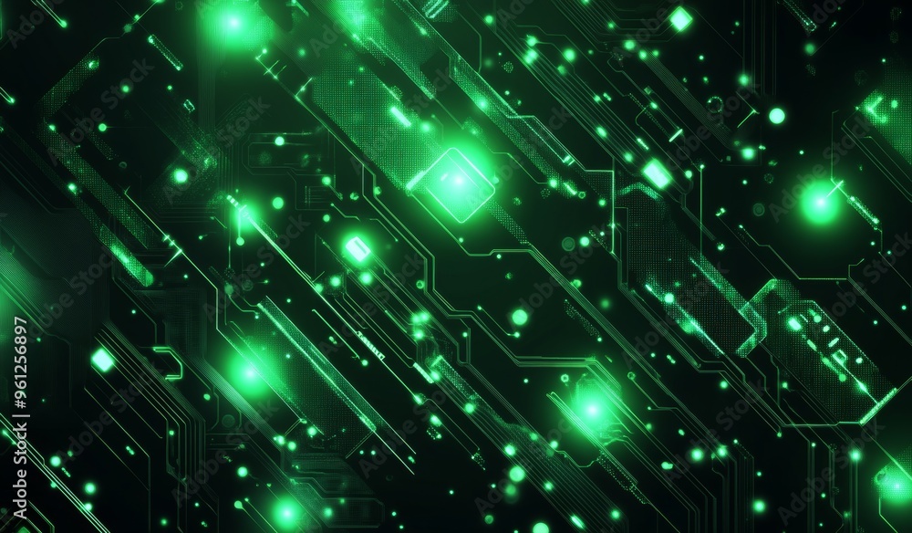Poster abstract green glowing digital circuit background with techno elements