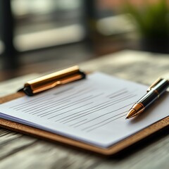 Fototapeta premium A close-up view of a clipboard with blank paper and a sleek pen resting on a wooden table, ideal for note-taking or planning.