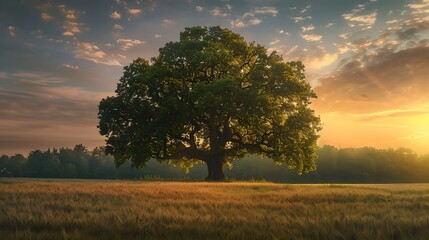 Beautiful summer landscape with lonely tree at sunset