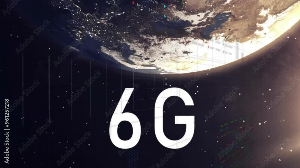 Poster 6G text animation over Earth from space with data visualization
