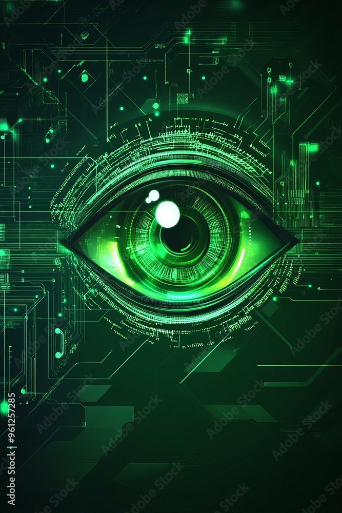 Poster futuristic green eye with glowing circuits and technological patterns representing advanced ai and c