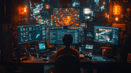 A programmer coding a video game in a dimly lit room, multiple screens displaying game development software and colorful pixel art,