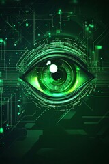 Obraz premium Futuristic green eye with glowing circuits and technological patterns representing advanced AI and cybersecurity