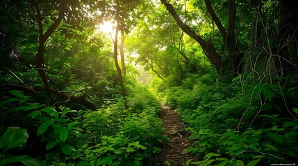 Obraz premium Mysterious green forest in the morning