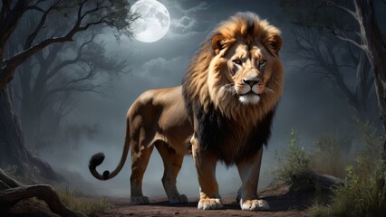 Fototapeta premium Dramatic and frightening scene featuring a lion and haunting cinematic style