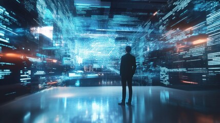 A man's silhouette is projected onto a city skyline