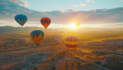 Obraz premium Aerial view of the hot air balloons rising majestically at sunrise, creating an enchanting scene, view from above with hundreds of hot air balloons floating in the summer sunset sky