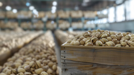 Pistachio nuts harvested in wooden boxes in a warehouse. Natural organic fruit abundance. Healthy and natural food storing and shipping concept.