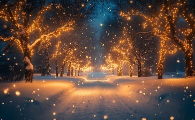Naklejka premium Winter Wonderland: A Snowy Path Illuminated by Festive Lights