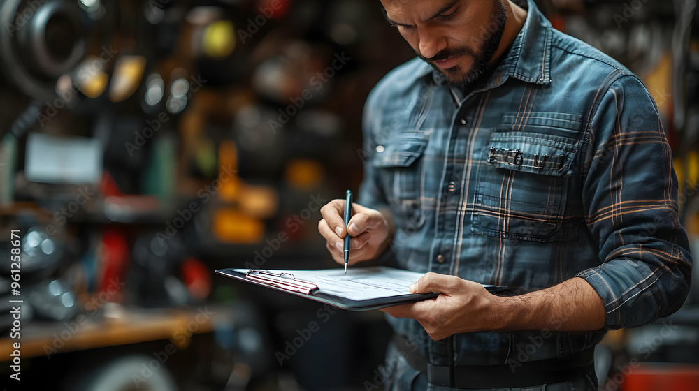 Poster a man in a workshop taking notes on a clipboard.