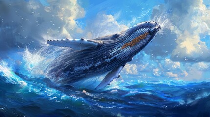 Fototapeta premium Humpback Whale Breaching in Blue Ocean with Birds Flying