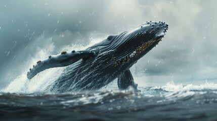 Fototapeta premium Humpback Whale Breaching in Stormy Ocean