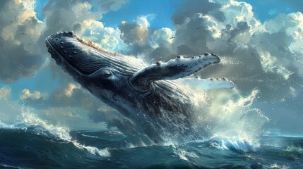 Fototapeta premium Majestic Humpback Whale Leaping Out of the Ocean Waves Against a Dramatic Cloudy Sky