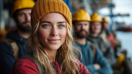 A diverse group of confident maritime candidates at a bustling port, framed by shipping containers, cranes, and the ocean on a clear day.