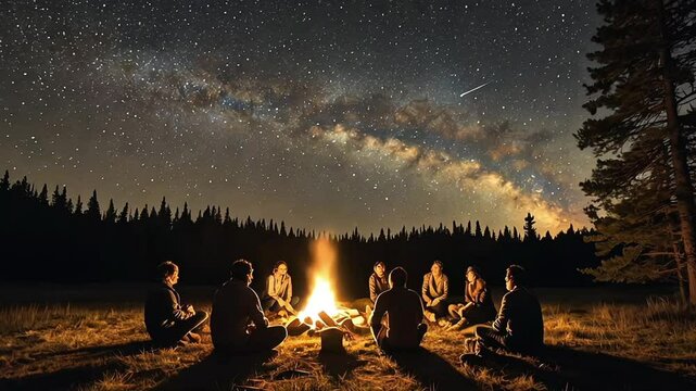 Evening summer camping, spruce forest on background, sky with falling stars and milky way. Group of five friends sitting together around campfire in mountains, enjoying fresh air near illuminated