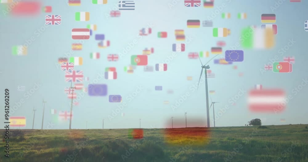 Aufkleber wind turbines on grassy field with floating international flags animation