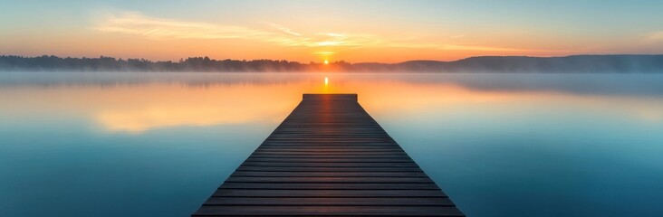 Obraz premium Sunrise Over Still Lake with Wooden Pier